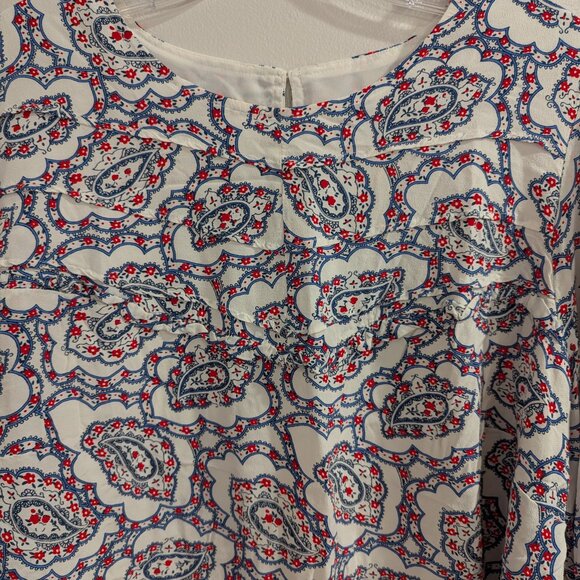 TALBOTS Pintuck Yoke Blouse 1X Paisley White Red Navy Blue Long Sleeve - Picture 7 of 13